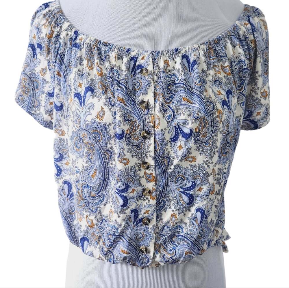 H&M Womens Peasant Shirt Medium Blue Floral Paisley Short Sleeve Blouse Bohemian